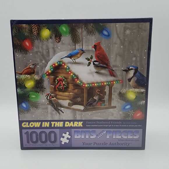 1000 pc Glow in the Dark Cardinal Puzzle Blue Bird Festive Feathered Friends - Picture 1 of 5
